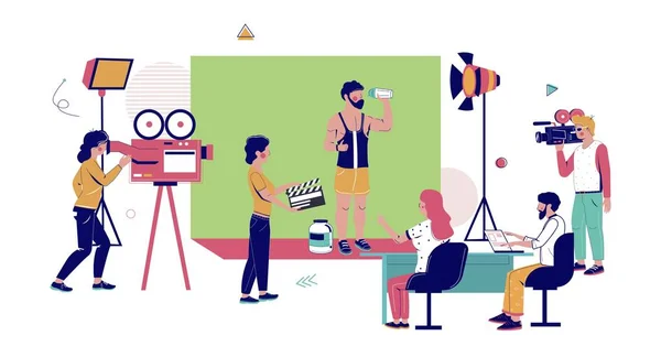 Reclame video productie, platte vector illustratie. Film crew creëren van professionele reclame van sport voeding product. — Stockvector