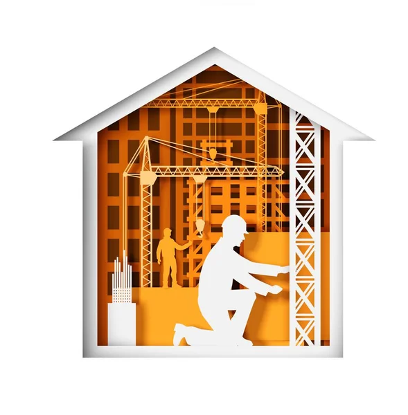 Maison artisanale en papier avec ouvriers de la construction, grues à tour, silhouettes de bâtiments, illustration vectorielle. — Image vectorielle