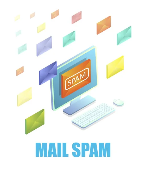 E-mail spam. Isometrische computer met veel postberichten, vectorillustratie. Phishing-aanval. — Stockvector