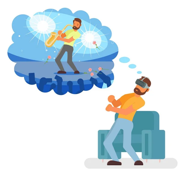 Hombre jugando saxofón virtual en gafas vr, vector plano ilustración aislada. — Archivo Imágenes Vectoriales