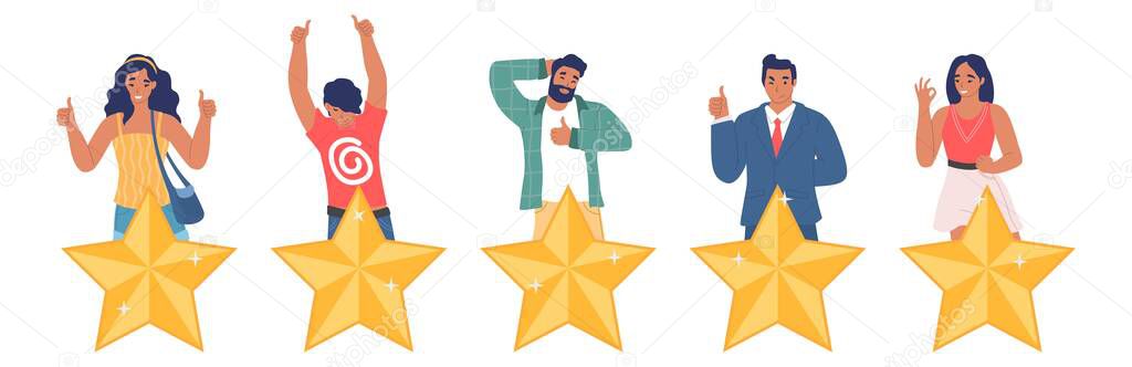People giving five star feedback, flat vector illustration. Customer satisfaction survey. Five stars rating.
