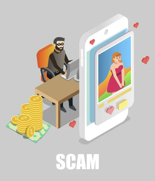 Girl chatting with scammer, flat vector isometric illustration. Online dating scam. — Stock Vector