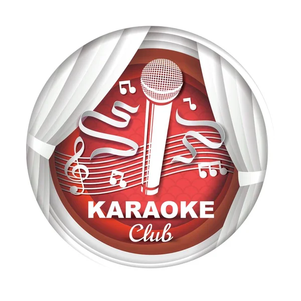 Etiqueta de club de música de karaoke de corte de papel, logo, placa. Micrófono, cortinas de teatro, notas musicales, ilustración vectorial. — Vector de stock