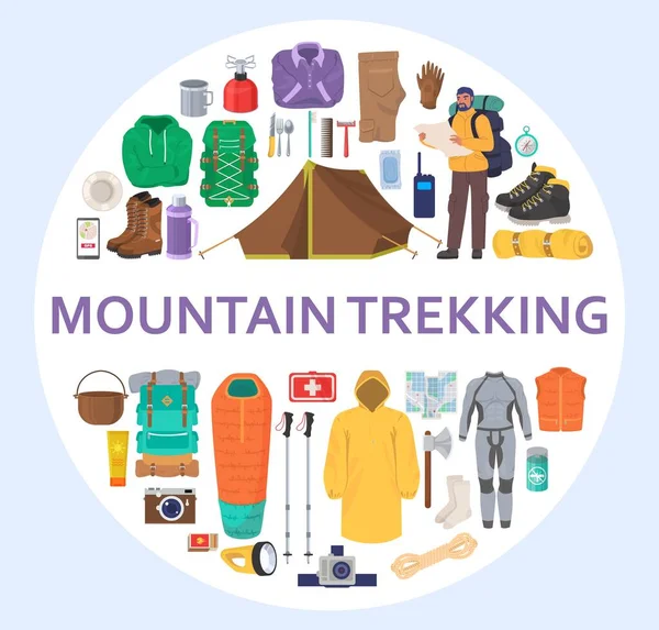 Montaña equipo de trekking conjunto, vector plano ilustración aislada. Senderismo y camping engranaje círculo composición. — Vector de stock