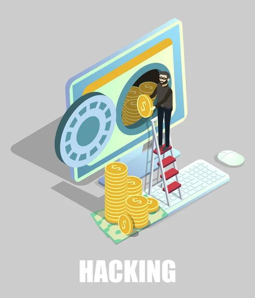Hacker isométrico, ladrão cibernético a roubar dinheiro do computador, ilustração vetorial. Ataque de hacking web. — Vetor de Stock
