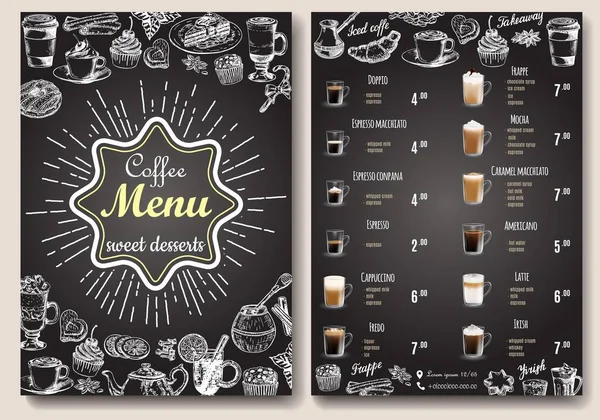 Modello vettoriale del menu del caffè. Fronte e retro A4 carta formato caffè listino prezzi sulla lavagna. — Vettoriale Stock