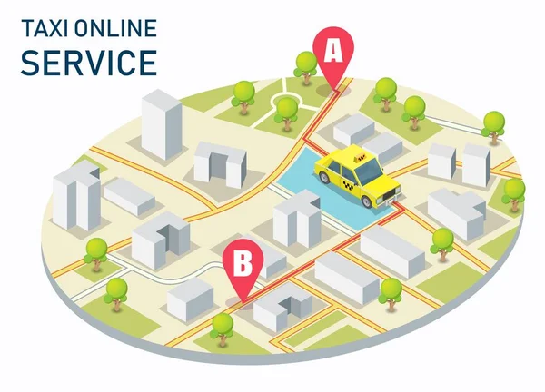 Ciudad taxi servicio en línea vector concepto ilustración. Mapa de la ciudad isométrico con taxi amarillo taxi, pines de ubicación. — Vector de stock