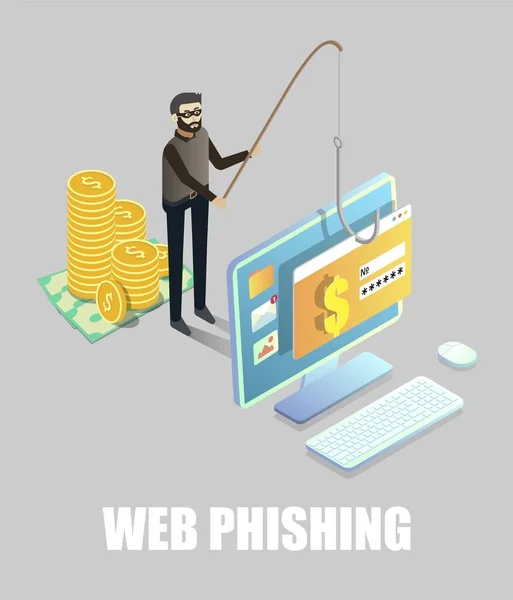 Izometrický kybernetický zloděj hackující data z bankovních karet z počítače pomocí rybářského prutu, vektorová ilustrace. Webové phishing. — Stockový vektor