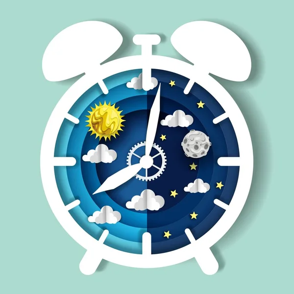 Paper cut craft style clock with day and night sky on dial, vector illustration. Sleep wake cycle. Circadian rhythm. — Archivo Imágenes Vectoriales