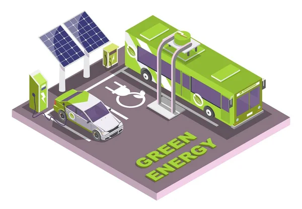 Stație de încărcare a vehiculelor electrice, autobuz public electromobil și urban, ilustrație izometrică plană vectorială. Transport ecologic . — Vector de stoc