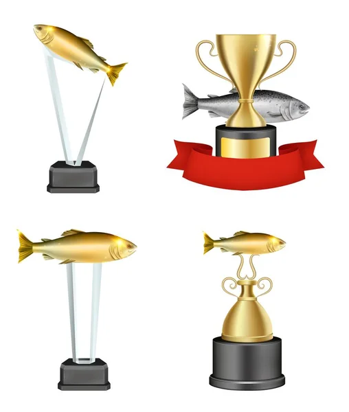 Acrylic glass and metal fishing trophy mockup set, vector illustration. Realistic fishing championship winner awards. — стоковый вектор