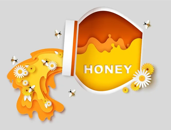 Natural honey vector poster template. Paper cut glass honey jar, cute bees flying over flowers and collecting nectar. — Stock vektor