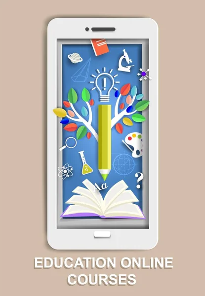 Paper cut smartphone, open book, tree of knowledge, science and school symbols, vector illustration. Online education. — 스톡 벡터