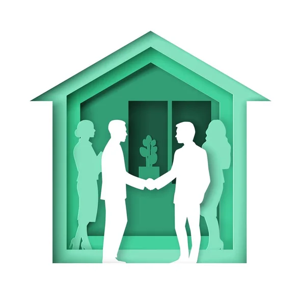 Broker and client handshake, vector illustration in paper art style. Real estate negotiations, successful deal. — 스톡 벡터