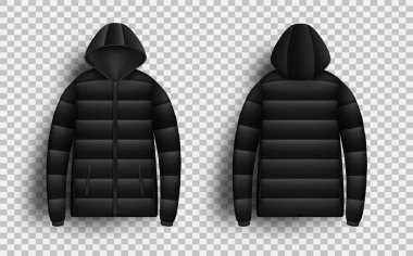 Siyah balon ceketli maket seti, vektör izole çizimi. Gerçekçi modern kapüşonlu ceket, ön ve arka görüş.