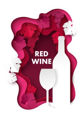 Kağıt kesiği kırmızı şarap. Üzüm, şişe ve şarap kadehi siluetleri, vektör illüstrasyonu..