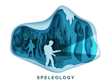 Speleoloji. Mağara kaşifi ve yarasa siluetleri yeraltı mağarasında, vektör kağıtları illüstrasyon kesiyor. Bilim, spor turizmi.