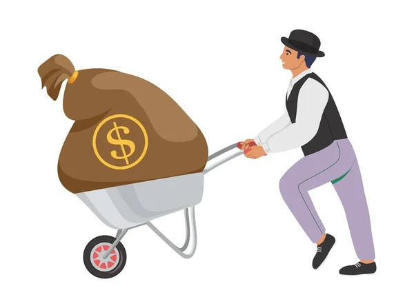 Empresário empurrando carrinho de mão com saco de dinheiro, ilustração vetorial plana. Um homem de fortuna, rico banqueiro. —  Vetores de Stock