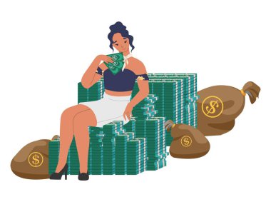 Nakit para yığınının üzerinde oturan zengin kadın, düz vektör çizimi. Finansal başarı, zenginlik.