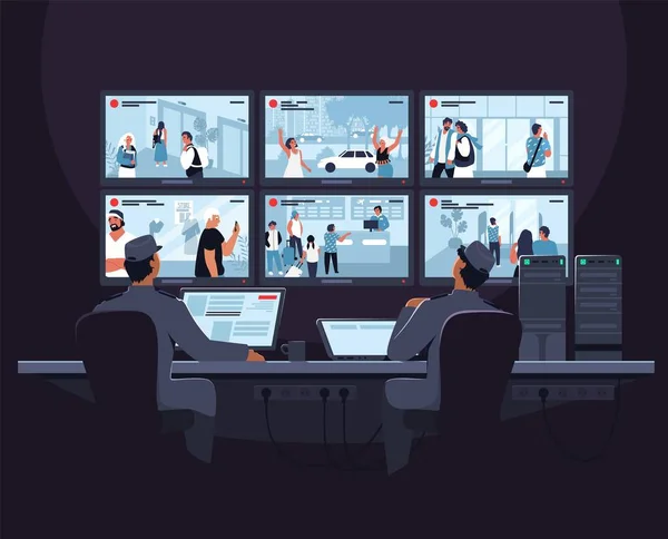 Personajes de guardia de seguridad monitoreando imágenes de video de cctv en la pantalla de la computadora, ilustración vectorial plana. Sala de seguridad. — Vector de stock