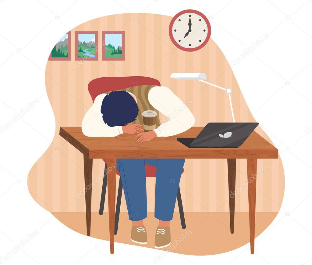 Tired office worker sleeping at the desk, flat vector illustration. Sleepy employee.