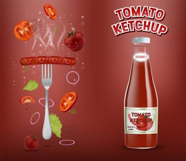 Domates ketçapı reklam afişi şablonu, vektör illüstrasyonu.