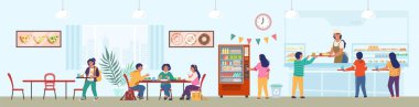 Personel ve çocuklarla dolu okul kantininde öğle yemeği, düz vektör çizimi. Okul kafeteryası, açık büfe, kafe..