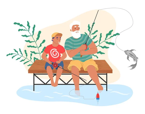 Feliz abuelo y nieto pescando juntos, ilustración vectorial plana. Abuelo nieto relaciones. — Archivo Imágenes Vectoriales