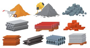 İnşaat malzemeleri seti, düz vektör çizimi. Kum yığını beton tuğlalar. Alçıtaşı blokları, metal çatı, fayans.