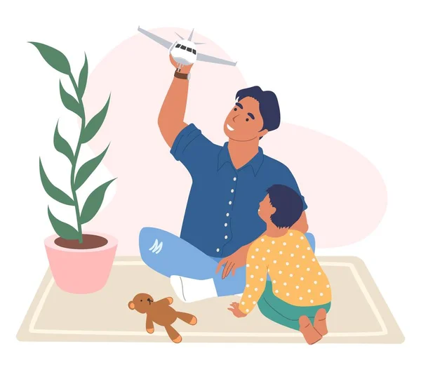 Szczęśliwy ojciec i syn bawiący się zabawką w samolocie, płaska ilustracja wektora. Relacje rodzicielskie z dzieckiem. — Wektor stockowy