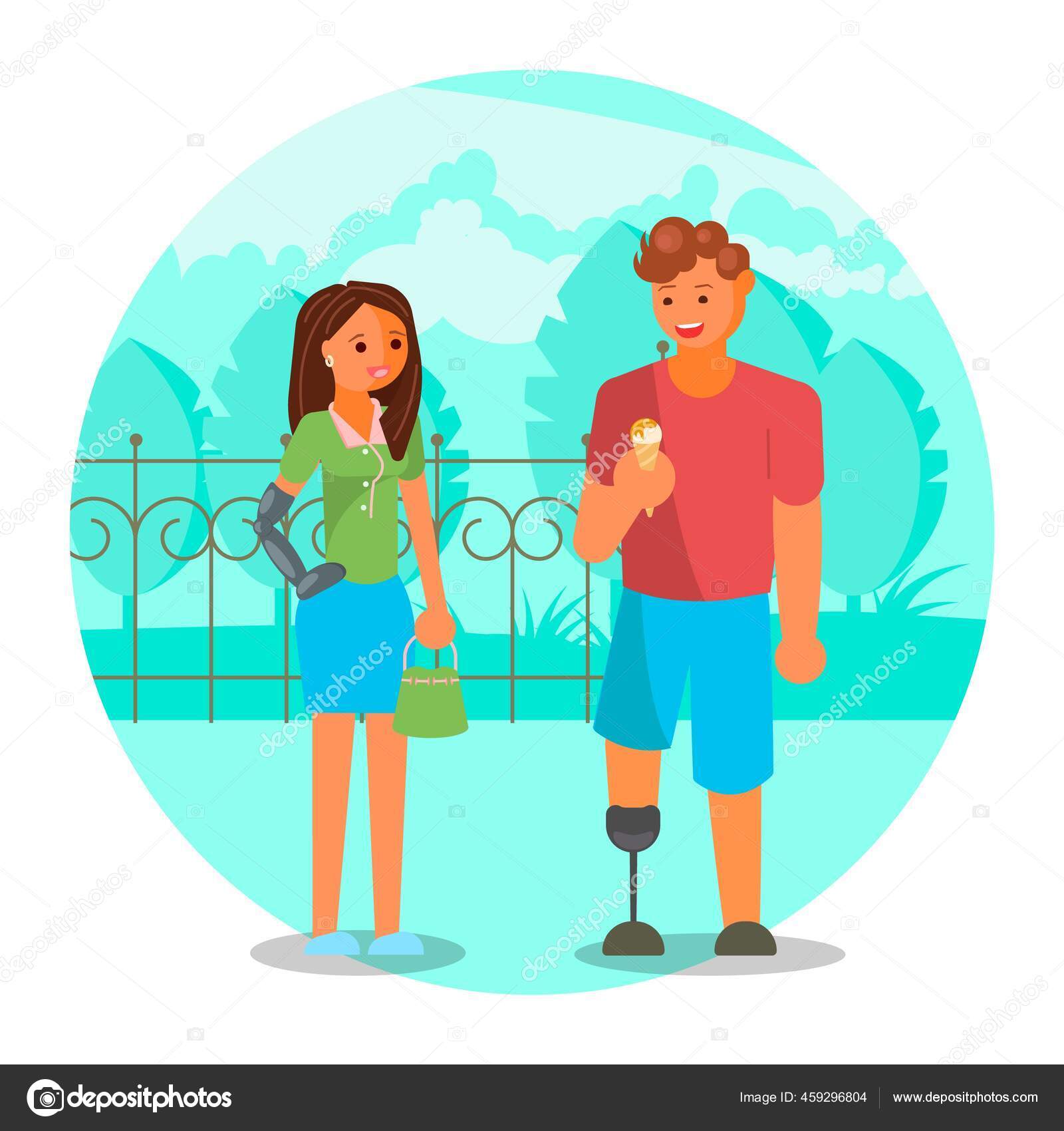 Couple With Leg And Arm Prosthetics Flat Vector Illustration Disabled People Lifestyle Relationship Romantic Date Vector Image By C Siberianart Vector Stock