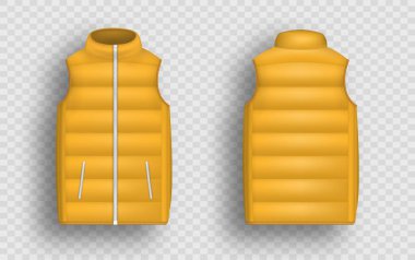 Orange winter puffer vest, sleeveless jacket mockup set, vector illustration. Realistic down vest, front and back view. clipart