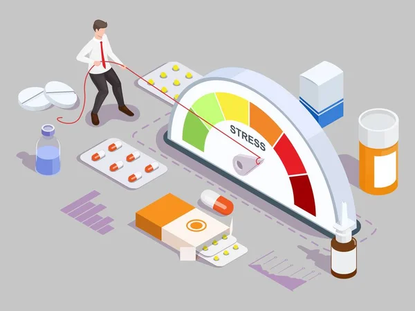 Farmaci antidepressivi isometrici. Uomo che fa tornare indietro la freccia del contatore dell'umore, illustrazione vettoriale. Stress, trattamento della depressione. — Vettoriale Stock