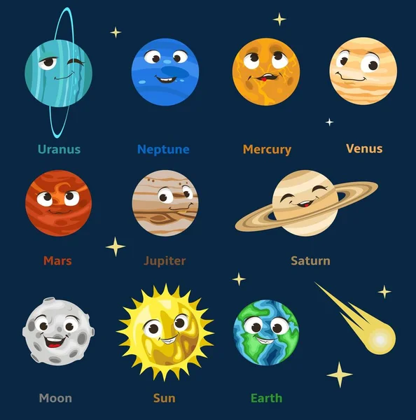 Mignon dessin animé Planètes du système solaire avec des visages souriants, illustration de coupe de papier vectoriel. Amusant espace emoji. Astronomie des enfants. — Image vectorielle