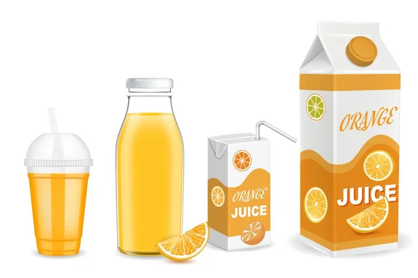 Orangensaft Verpackungscontainer-Attrappen-Set, Vektorillustration. Glasflasche, Plastikbecher, Kartonverpackungsvorlagen — Stockvektor