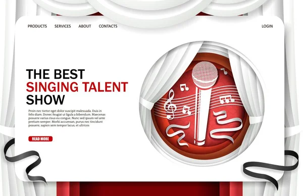 Zingen talent show landing page design, website banner template. Vector illustratie in papieren kunststijl. Tv wedstrijd. — Stockvector