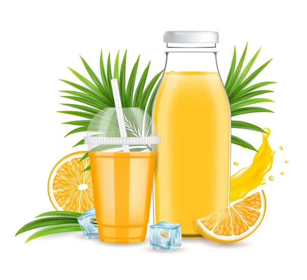 Botella de cristal de jugo de naranja, taza de plástico, fruta fresca, salpicadura líquida, ilustración vectorial. Sabroso jugo refrescante de cítricos. — Vector de stock