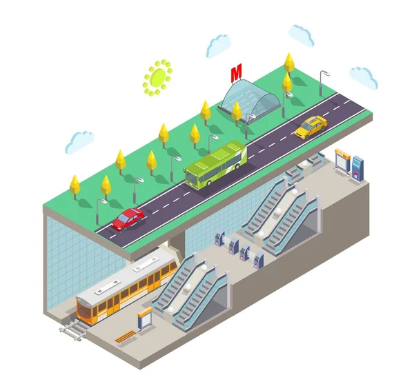 Estación de metro, ilustración vectorial plana. Isométrica sección transversal de la calle de la ciudad, entrada del metro, tren, plataforma ferroviaria. — Vector de stock