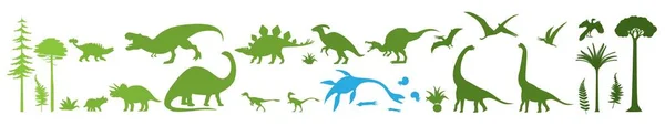 Зеленые силуэты динозавров, векторные иллюстрации изолированы на белом фоне. Дикие животные динозавра, юрского периода. — стоковый вектор