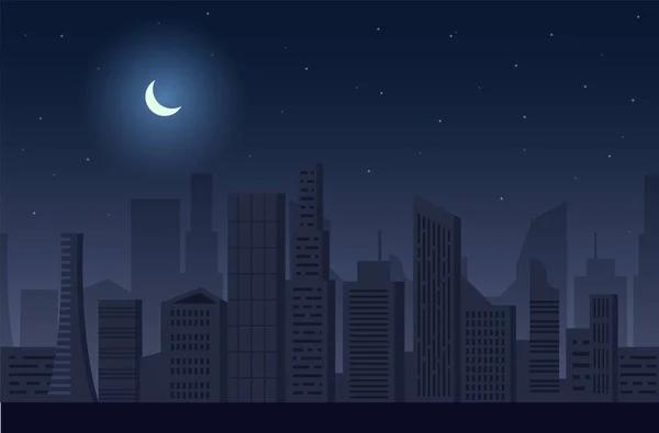 Mörkläggning av nattstaden, vektorillustration. Stadscape skyskrapa silhuetter. Mörk stad utan elektricitet. Strömavbrott. — Stock vektor