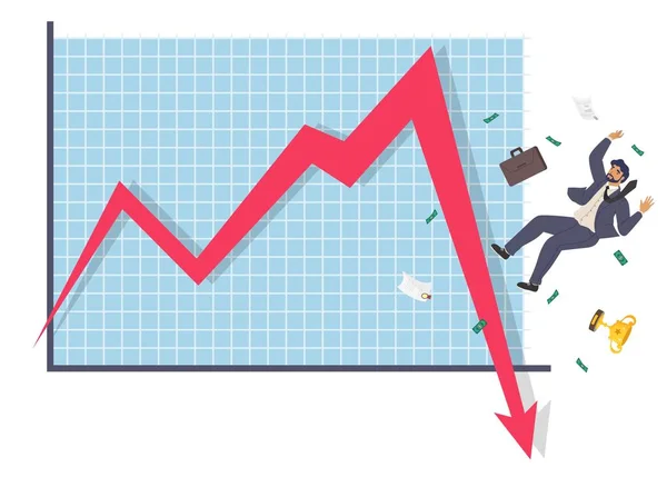 Empresário em queda e gráfico de setas para baixo, ilustração vetorial plana. Falha de negócios, colapso, crise econômica. — Vetor de Stock