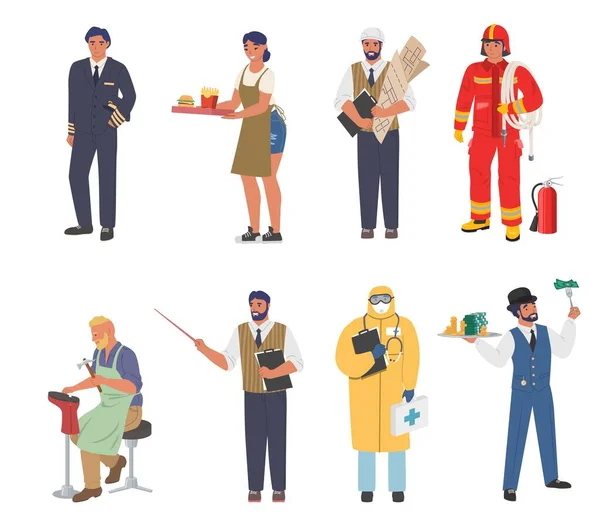 Persone di diverse professioni e professioni, lavoratori in uniforme, serie di personaggi dei cartoni animati, illustrazione vettoriale piatta. — Vettoriale Stock