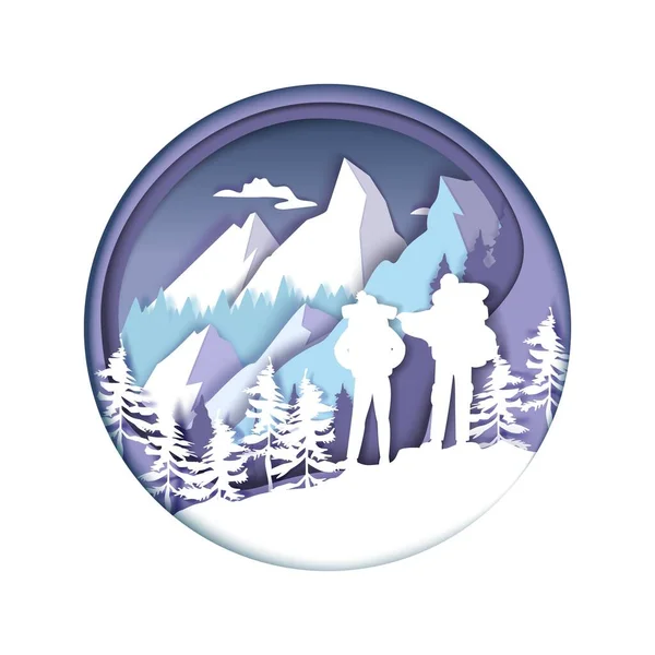 Des silhouettes de randonneurs coupés en papier, des montagnes d'hiver. Touristes avec sacs à dos randonnée, trekking, illustration vectorielle. — Image vectorielle