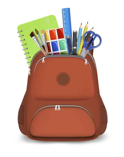 Красный рюкзак со школьными принадлежностями, векторная иллюстрация. 3d реалистичная студенческая сумка с канцелярскими принадлежностями. — стоковый вектор