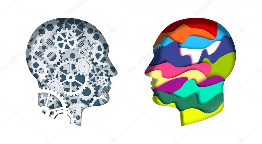 Man head silhouettes with gears, cogwheels and abstract vibrant shapes, vector illustration in paper art style. Thinking brain. Creative and logical mind. Brainstorm, brain power, creativity.