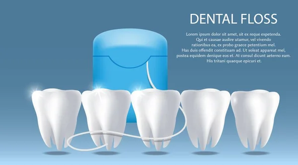 Munvård tandtråd vektor affisch, banner mall. Tandvård, tänder och tandkött hälsa, hygien. — Stock vektor