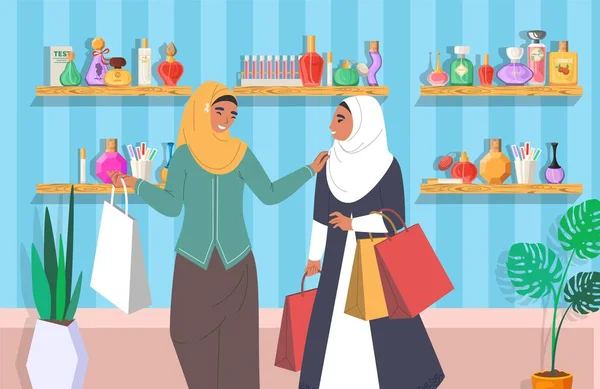 Μουσουλμάνες στο κατάστημα αρωμάτων, επίπεδη διανυσματική απεικόνιση. Αραβες γυναίκες με παραδοσιακά ρούχα και μαντίλα με τσάντες για ψώνια — Διανυσματικό Αρχείο