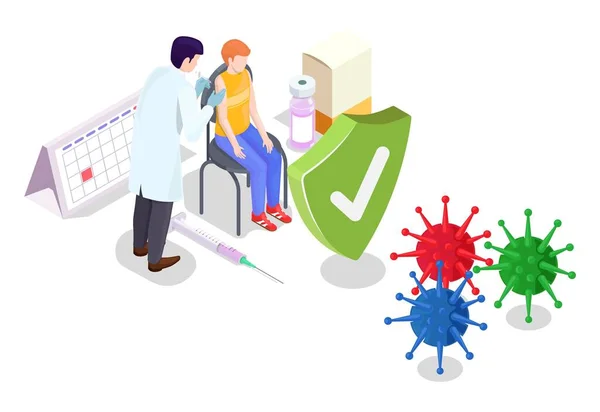 Covid coronavirus vacinação conceito vetor ilustração estilo isométrico. Vacina Covid-19. O médico faz uma injecção de vacina contra a gripe para o miúdo no hospital. Imunidade de pessoas e proteção de vírus — Vetor de Stock