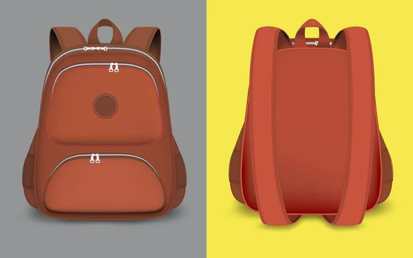赤いバックパックのモックアップセット、ベクトル絶縁イラスト。3D現実的なスクールバッグ、ジッパー付きリュックサック、ハンドル、ストラップ. — ストックベクタ