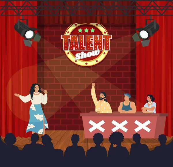 Tv concurso de talentos. Cantante mujer cantando delante de la audiencia en vivo y jurado, ilustración de vectores planos. Concurso de televisión. — Vector de stock